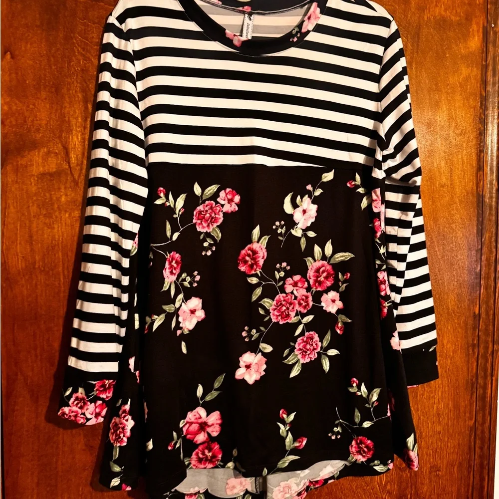 Striped and Floral Long Sleeve Top - Picture 1 of 2